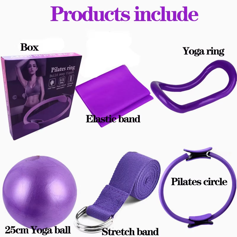 Yoga Starter Kit 6Pc Set Pilates Circle Pilates Circle Yoga Ring Stretch Belt Latex Pull Towel with 25Cm Yoga Ball Elastic Band